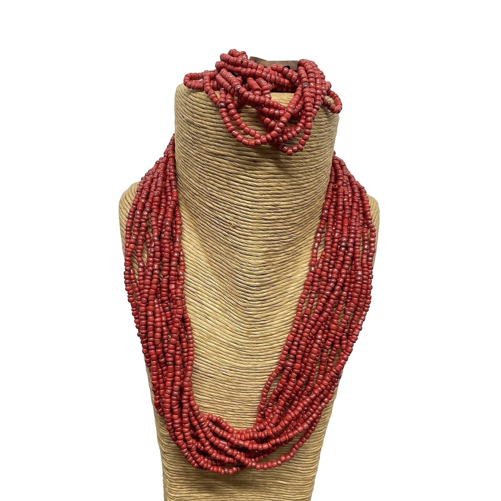 Red‎ Beaded Multi Strand Necklace & Wooden Buckle Bracelet Set Boho Chunky